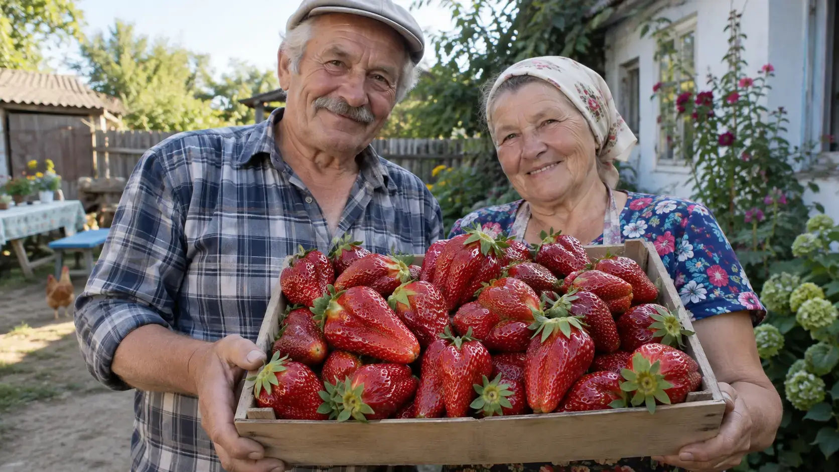 Подружжя з урожаєм полуниці Гранде